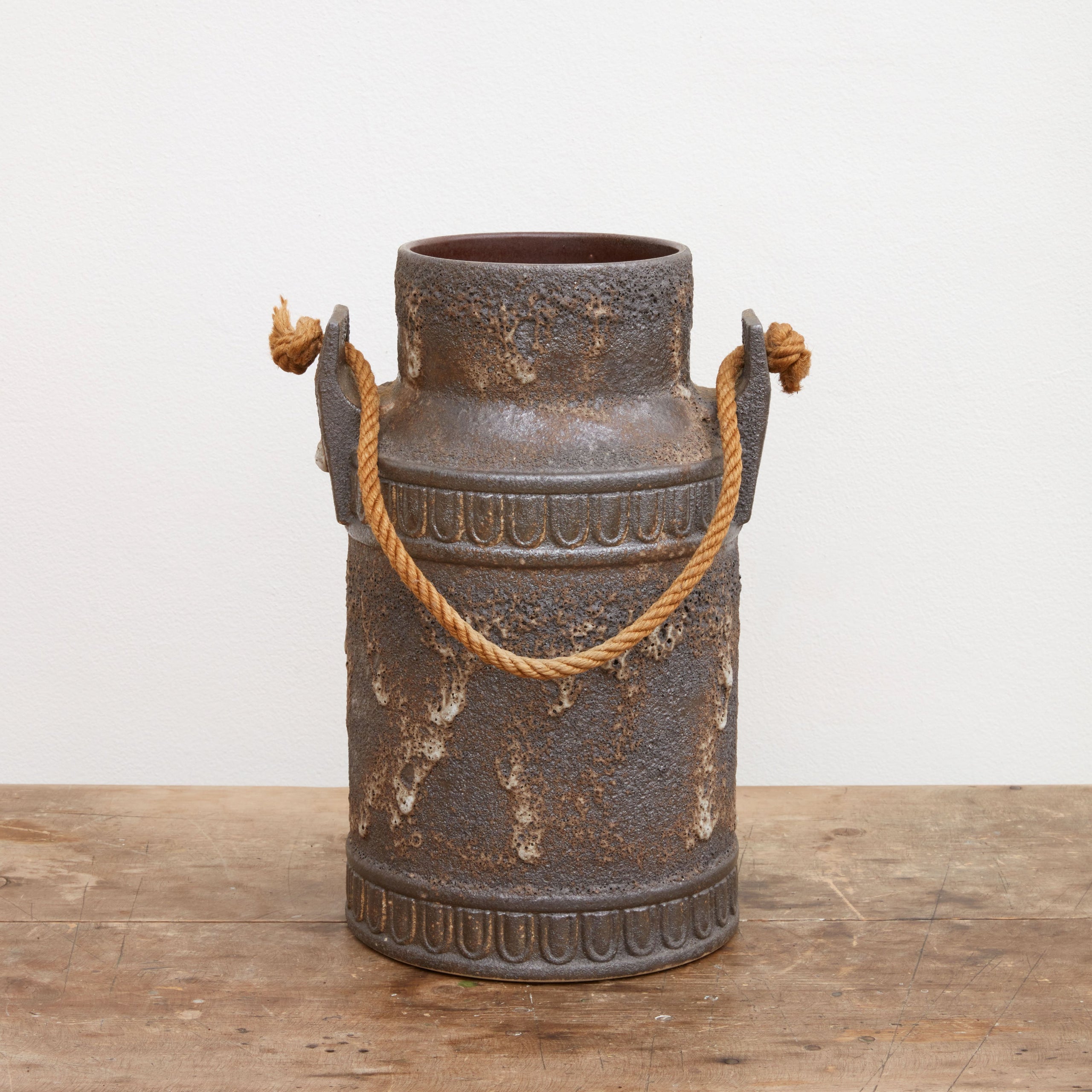 Brutalist Salt Glazed Rope Handled Ceramic Vase