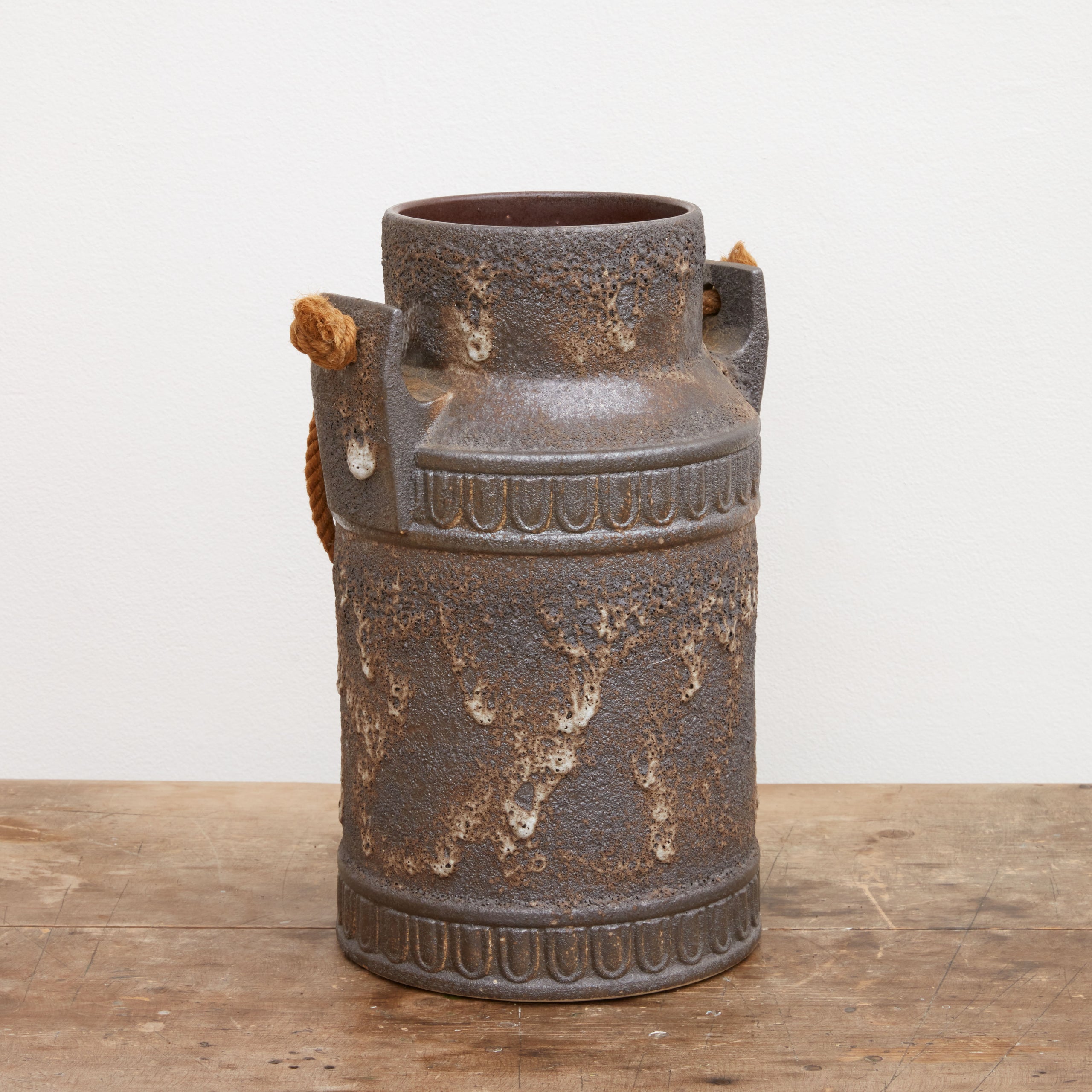 Brutalist Salt Glazed Rope Handled Ceramic Vase