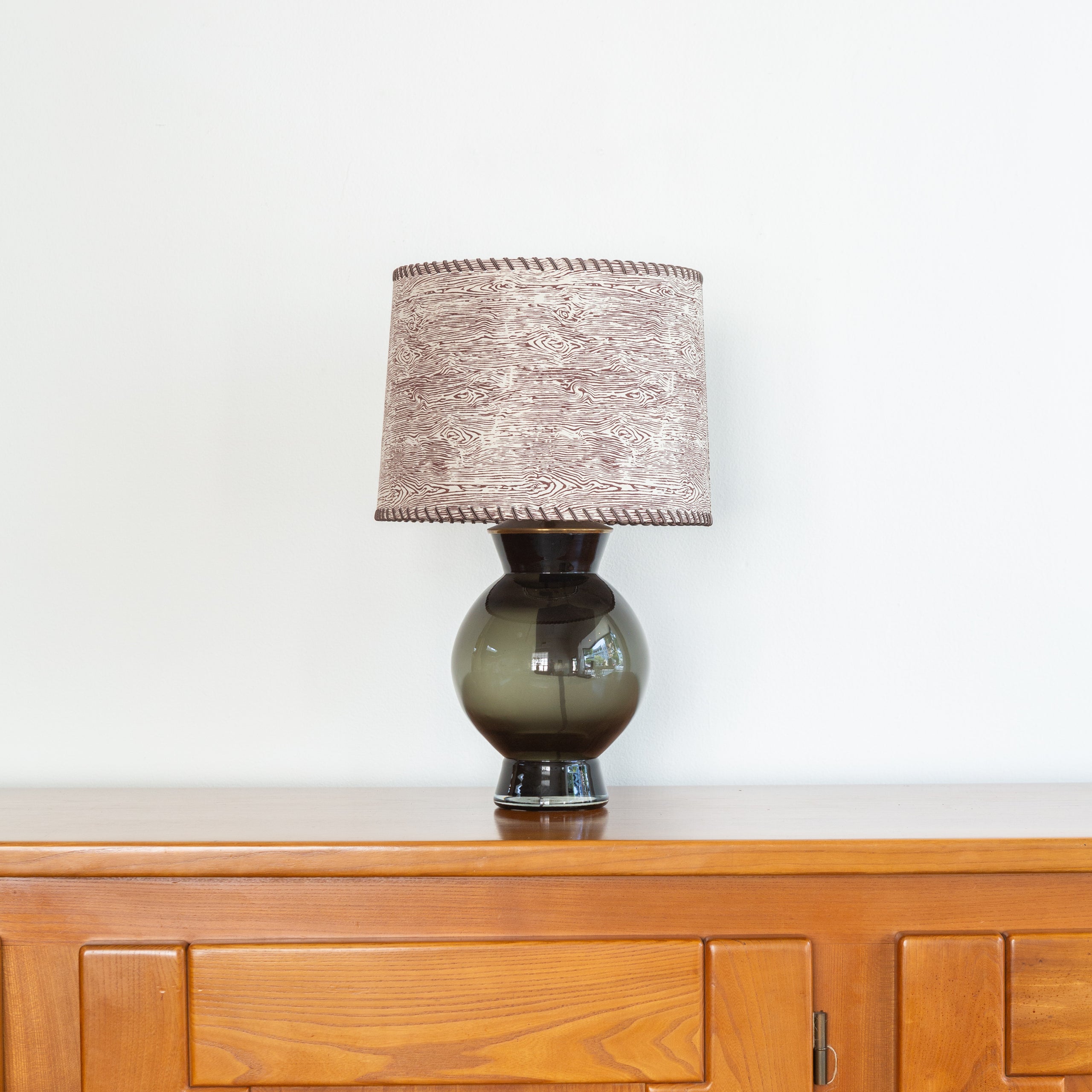 Smoke Glass Table Lamp on Wood Block Base