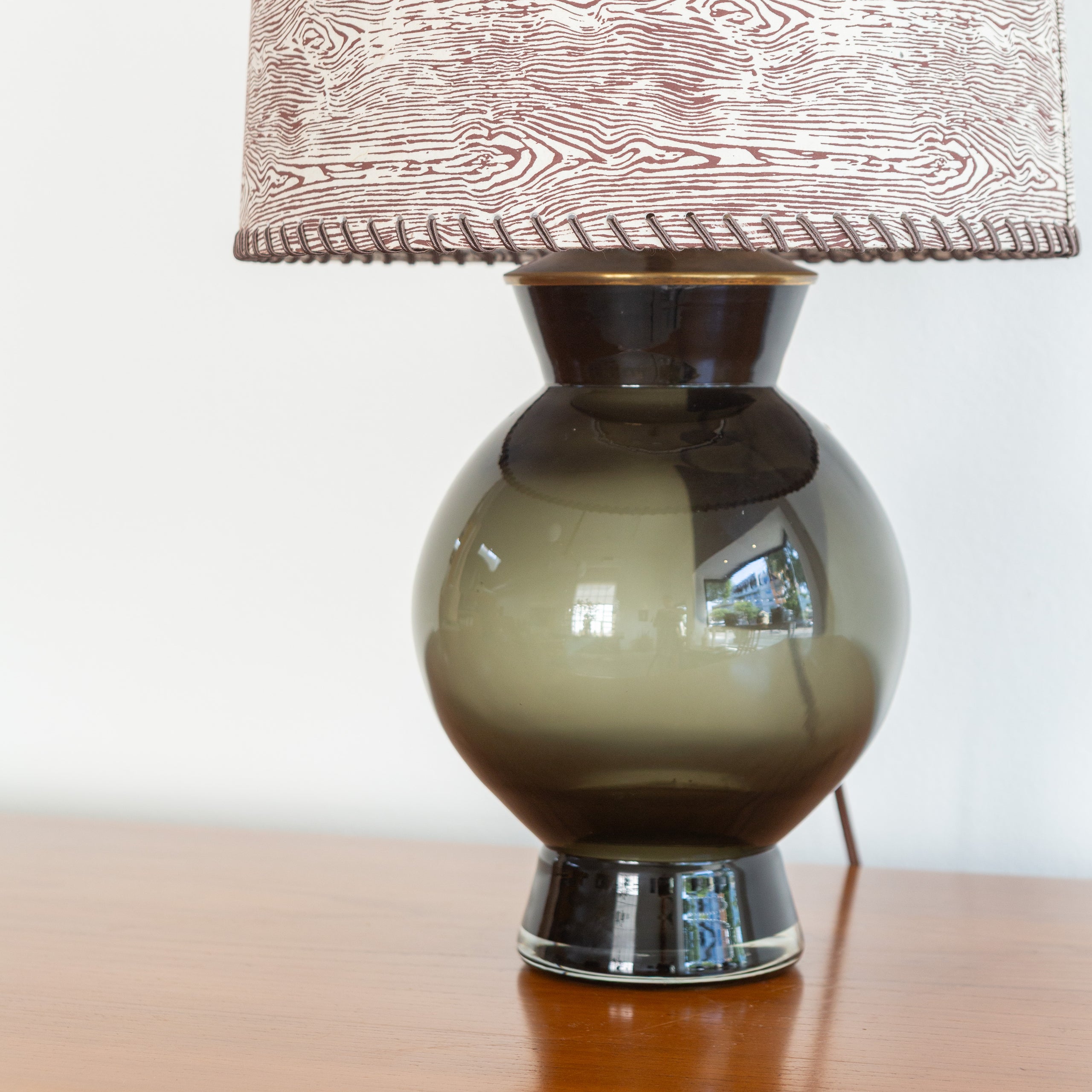 Smoke Glass Table Lamp on Wood Block Base